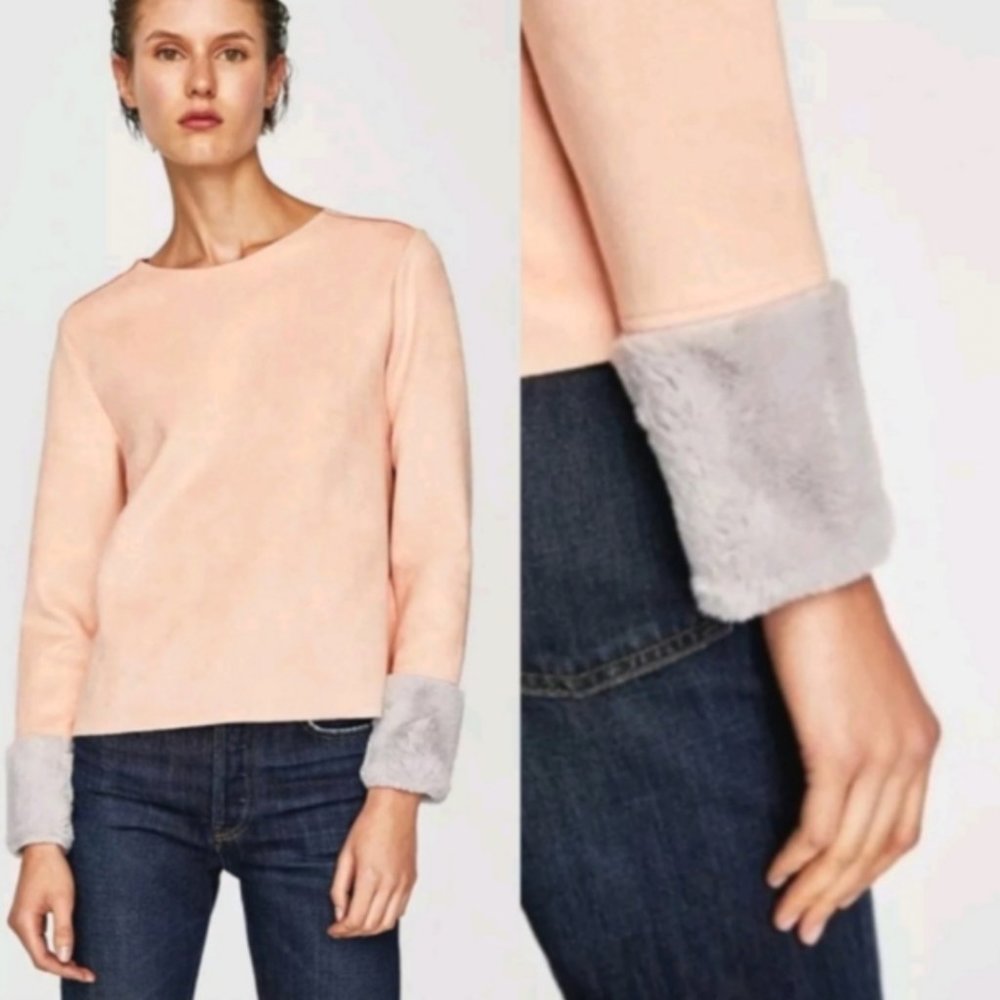 Zara Faux Suede pink/blush top with gray fur cuffs